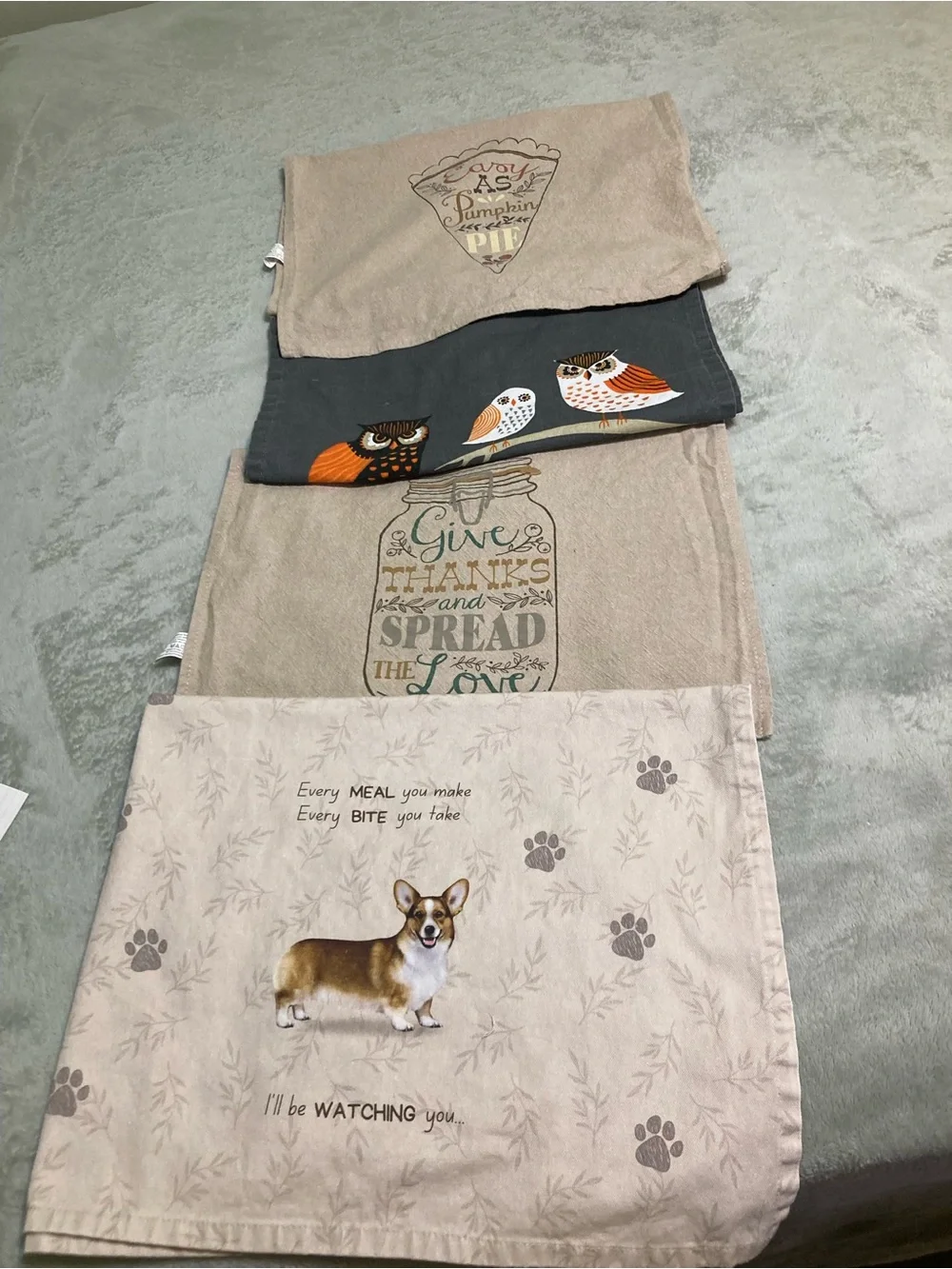 Kitchen Linens Set - Owl & Autumn Designs in Beige, Black, Orange Bundle Of 4